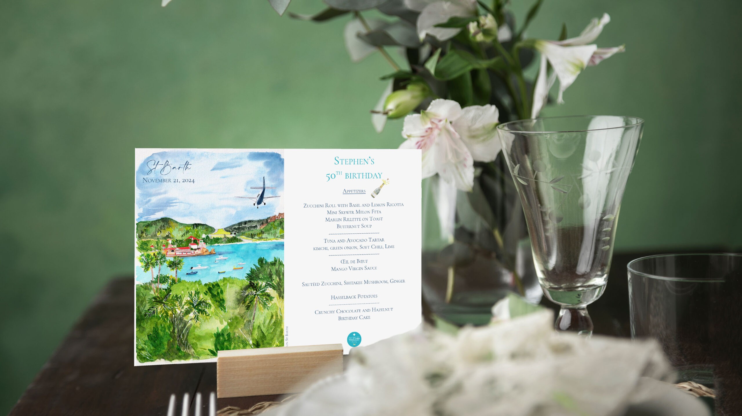 Menu d’anniversaire illustré à l’aquarelle par Moon St Barth Menu d'anniversaire illustré à l'aquarelle par Moon St Barth
